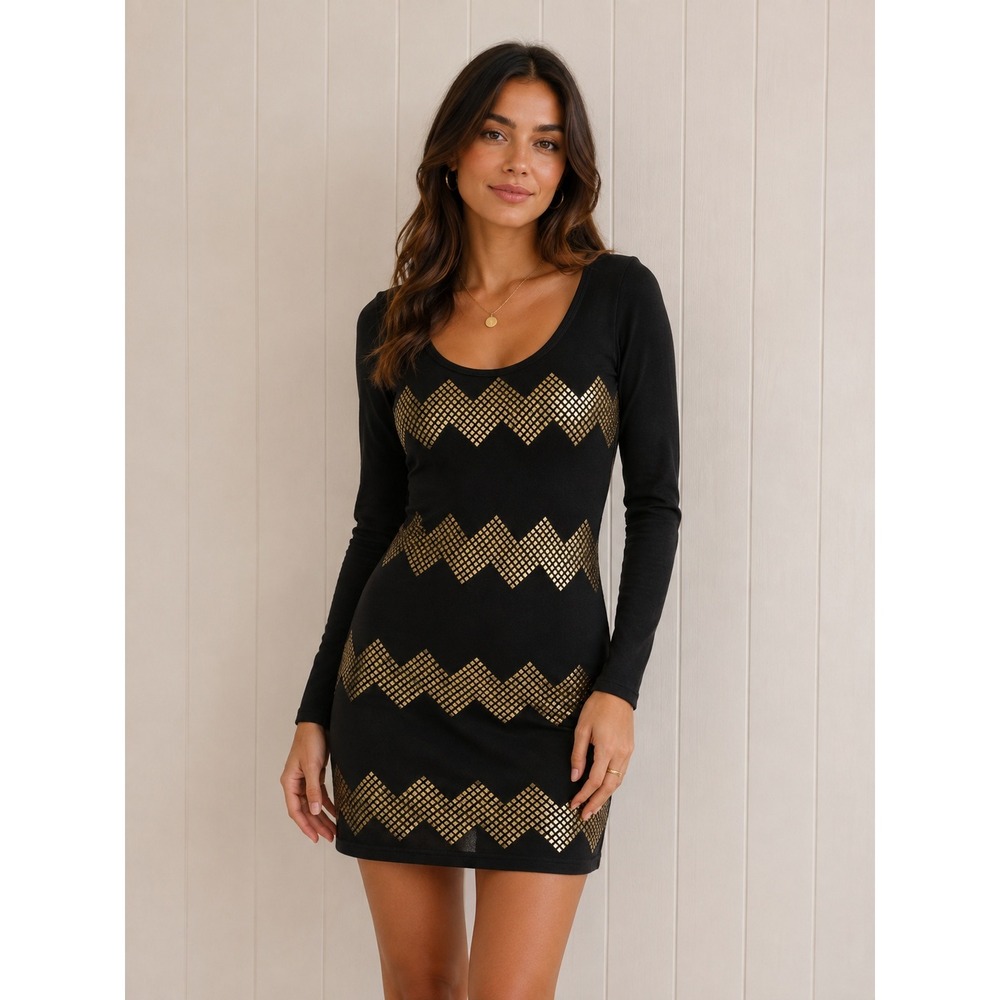 Ligali Black Long Sleeve Studded Chevron Mini Dress Gold Studs LDN10162 Small